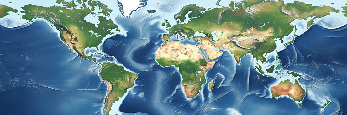 Kolorowa mapa geograficzna świata, z zaznaczonymi kontynentami, oceanami i lądami. Mapa podkreśla znaczenie ziemi, wody i przestrzeni na naszej planecie oraz wykorzystanie tych zasobów przez ludzkość.