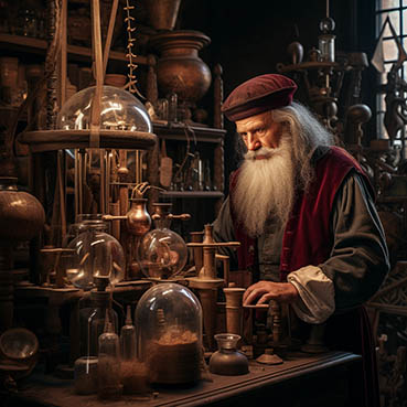 Leonardo Da Vinci destylujący wodę w alembiku, jako przykład pierwszych eksperymentów z odsalaniem wody morskiej