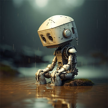 Robot siedzący w kałuży z zanurzonymi nogami. Postawa wskazuje na próbę rozwiązania problemu, dylematu, w tym wypadku nawiązująca do konieczności wyboru rodzaju księgowości dla założonej Fundacji.